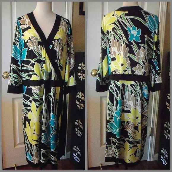 ALFANI FAUX WRAP DRESS VERSATILE YELLOW TURQUOISE STRETCH 3/4 SLEEVE 3X NWOT - Picture 1 of 2